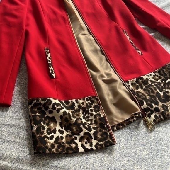 Kelly Diane Women’s Red Coat with Cheetah Print - Picture 2 of 5